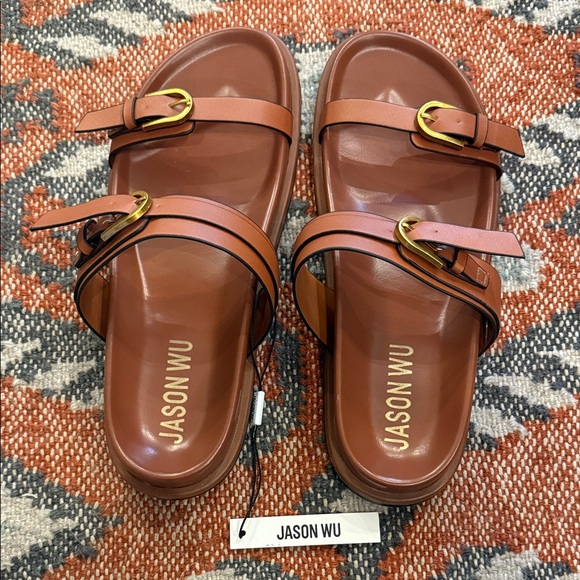 NWT Jason Wu Tan Sandals with Gold Buckles - Picture 2 of 2